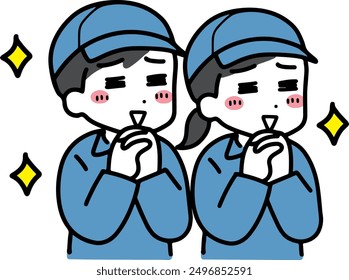 Men and women in work clothes with expectant expressions