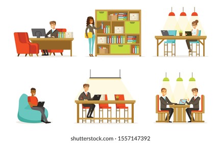 Men and women work in the office. Vector illustration.