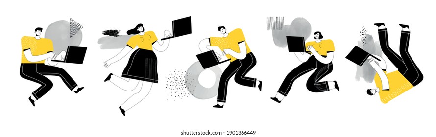 Men and women work and study with laptops. People in different poses fly with laptops and watercolor spots