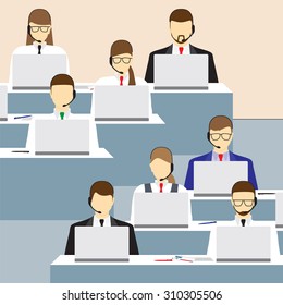 Men and women working in a call center. Call center. Support service. Concept. Elements for design. Vector illustration.