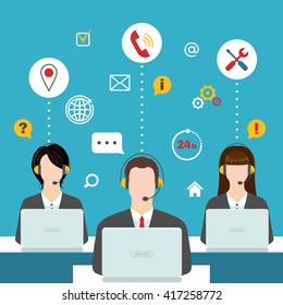 Men and women working in a call center. Support service concept. Male and female avatars with headset and call center icons. Vector illustration