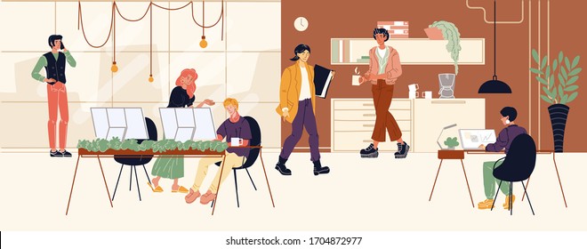 Men, women working at computer desks in office. Colleagues speaking by phone, drinking coffee, carrying folder. Deadline, coworking, team, overwork, company interior concept. Vector flat illustration.