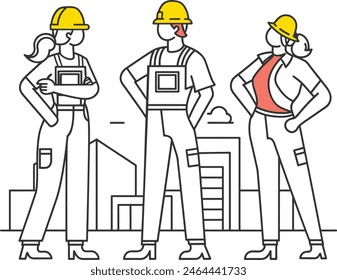 Men and women working at a construction site and buildings, buildings, men, women, workforce, line art vector illustration, modern line art minimal color