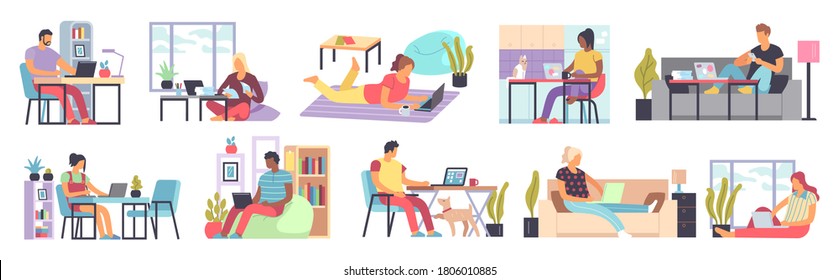 Men and women working home. Distance comfort work in home office people sitting on sofa or armchair with laptop computer or smartphone in living room interior freelance concept flat cartoon vector set