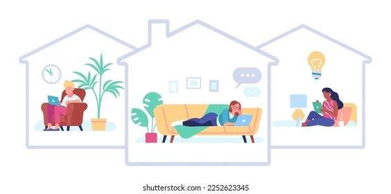 Men and women working from home. Online remote job. Freelancers domestic workplace. Workers sitting on couches with laptops. Self-employed persons. Freelance occupation