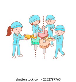Men and women working with mechanics with good teamwork and planning. Different teams working on the same project. demonstrate good planning and teamwork. Use different strategies to get things done.