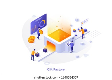 Men and women working on factory belt conveyor producing surprises. Concept of holiday gift factory, festive present online service, manufacture system. Modern colorful isometric vector illustration.