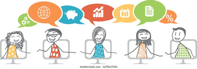Men and women working remotely, all connected to each other