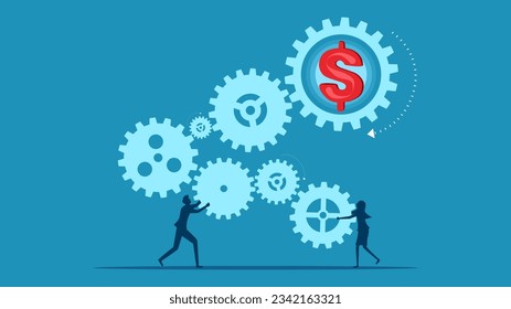 men and women working together to connect gears and generate money. profitable business 