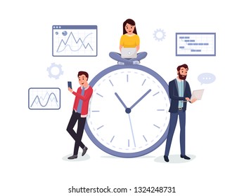 Men and women working via internet using modern laptop and smartphone vector illustration. Time management concept. Charts graphs diagrams on background