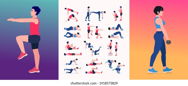 Men and Women Workout Set. Men and Women doing fitness and yoga exercises. 