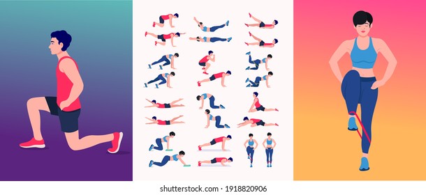 Men and Women Workout Set. Men and Women doing fitness and yoga exercises. 