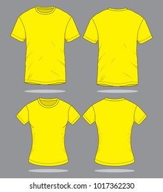 Men and Women Yellow Short Sleeves T-Shirt Template on Gray Background. Front and Back Views, Vector File.