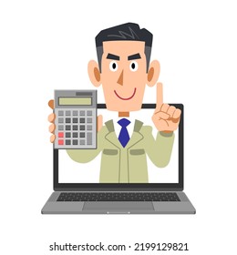 Hombres con ropa de trabajo calculando en línea