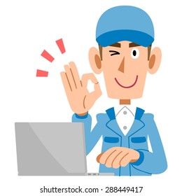 Men work clothes to issue a sign of OK and laptop
