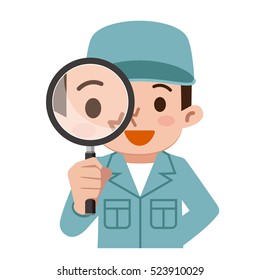 Men of work clothes with a magnifying glass
