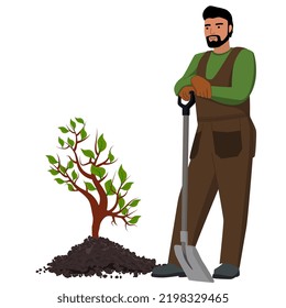Men in work clothes with shovel stand next to young tree in heap of ground, isolated on white. Vector design element.