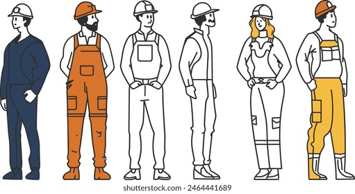 Men in work clothes wearing a helmet, construction, safety, industry, labor, protection, line art vector illustration, modern line art.