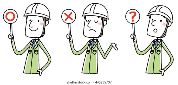 Men of work clothes wearing a helmet: answer correct answer wrong answers