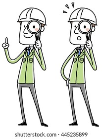 Men of work clothes wearing a helmet with a magnifying glass