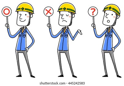 Men of work clothes wearing a helmet: answer correct answer wrong answers