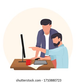 Männer arbeiten am Computer. Menschen am Arbeitsplatz an einem Computer oder Laptop, Büroarbeit. Diskussion. Vektorillustration.