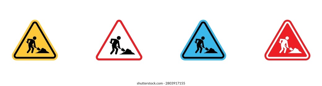 Men at work construction warning sign set. Vector illustration of realistic triangle maintenance flat symbol, colorful highway safety caution alert template on white background.