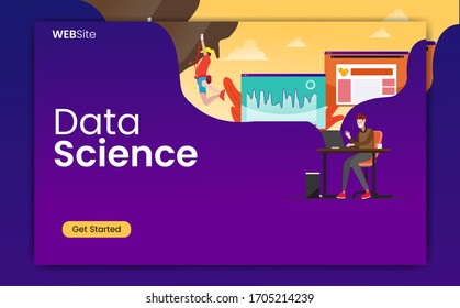 men work with data laptops Strategy and data analysis then people climb cliffs as a business symbol, Illustration of flat vector concept for websites, landing pages