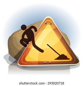 Men At Work Escaping From Road Sign/
Illustration of an anti men at work symbol on road sign for funny web sites under construction or work in progress info, with man silhouette leaving the place