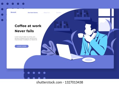 men work in front of laptops while drinking a glass of water and at the table - All elements on this template are editable with vector software