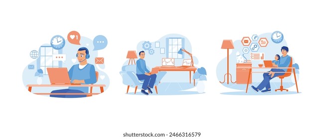Men work from home. Analyzing candlestick charts. Using his laptop to work online. Home Office concept. Set flat vector illustration.