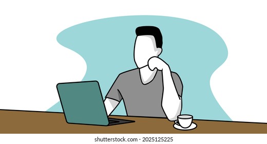 Men Work From Home With a Coffee Flat Illustration Design Vector