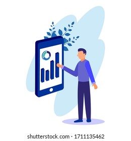Men work and interact with graphics, icons and devices. Data analysis and office situation. Set of 3D Isometric vector illustrations. Smartphone and website header image with a white background. 