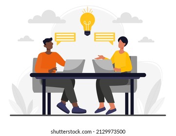 Männer arbeiten an Laptops. Männliche Charaktere sitzen am Arbeitsplatz, kommen auf Ideen, diskutieren über Projekte und erledigen Aufgaben. Teamarbeit der Mitarbeiter oder Geschäftspartnerschaft. Cartoon-Flavektor-Vektorgrafik