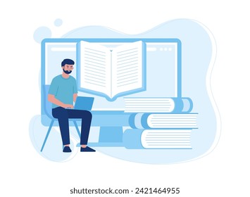 men work on assignments using laptops trending concept flat illustration