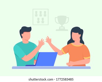 Männer arbeiten auf Laptop-High 5 mit Frauen im vorderen Hintergrund trophische Medaille mit flachem Cartoon-Stil.