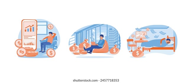 Los hombres trabajan en línea. Trabaja como freelancer y gana dinero online. Concepto de ingreso pasivo. Fije la Ilustración vectorial plana.