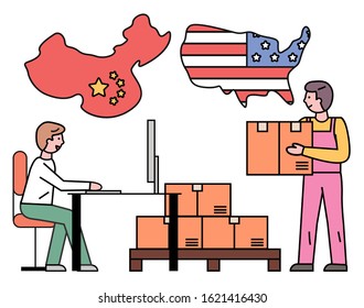 Men work at post office in United States of America. Guy carry carton box with parcel. Flags of countries on wall. International shipment and delivery parcels from China to USA. Vector illustration