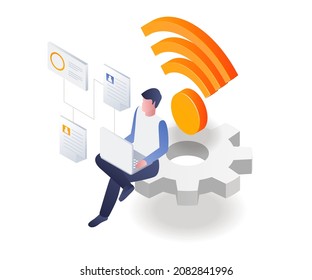 Men work with signal processing in isometric illustration