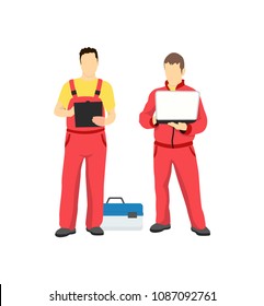 Men in work uniform isolated on white backdrop, vector illustration with two specialist holding laptop, diagnostic job and black tablet for papers