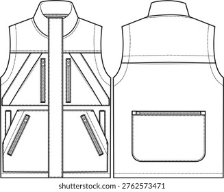 Men work utility vest with multi pockets, zipper pockets at front upper body and lower body, patch pockets at front with welt pockets, back zipper pocket, back yoke vent, center front placket with hidden zipper under, stand-up collar, mock neck, sketch front and back, illustration, casual, essential, outdoor, outerwear, workwear