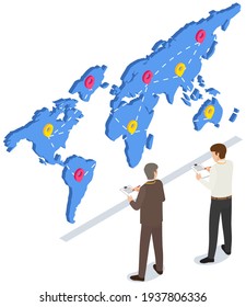 Men work with world map for worldwide delivery, discuss and make notes. International postal service