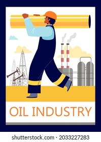 Hombres obreros o constructores transportan pieles en el fondo de la planta de procesamiento de petróleo o gas con la industria textil de aceite. Ilustración plana vectorial para afiche. Concepto de carácter.