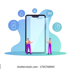 Men in Worker Uniform Apply Huge Glass Protection Film on Smartphone Screen. Gadget Touchscreen Safety, Mobile Phone Repair. Male Characters Put Cover on Cellphone. Cartoon People Vector Illustration