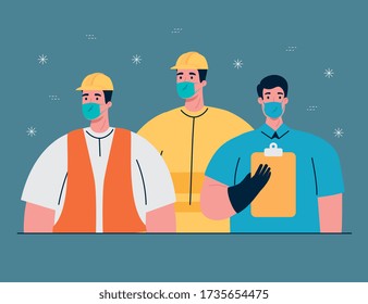 men workers using medical mask during covid 19 pandemic vector illustration design