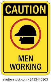 Hombres que trabajan por encima de la señal de advertencia y las etiquetas