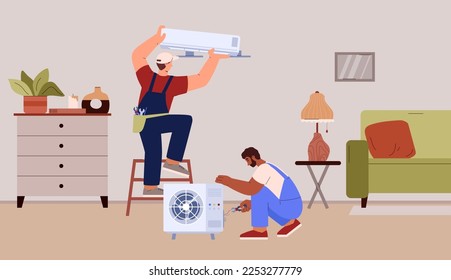 Men working as air conditioner service, repairing and installing AC at home, flat vector illustration. Professional air conditioning technician working.