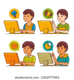 Men Working with Computer in Cartoon Style