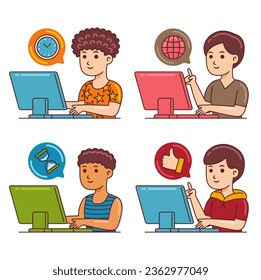 Men Working with Computer in Cartoon Style
