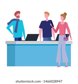 men working in desk with computers and woman customer